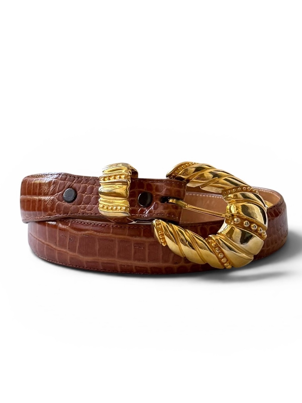 Steve Blinn Brown Alligator Grain Cashmere Cowhide Belt with Ornate Gold Buckle